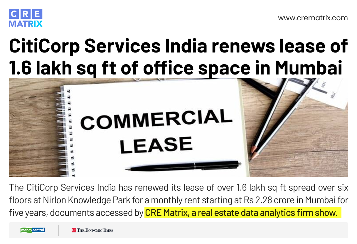 Citicorp Services Renews ₹137 Crore Lease at Nirlon Knowledge Park in Mumbai