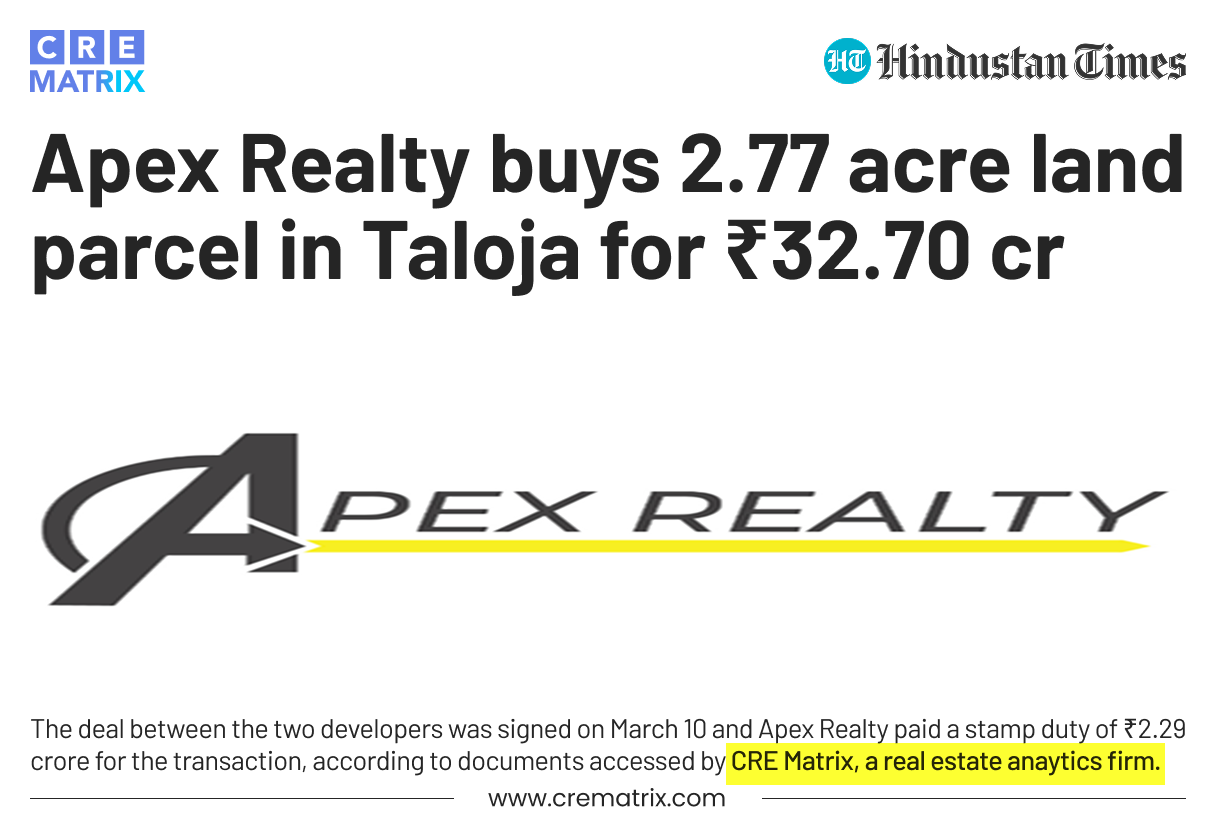 Apex Realty Acquires 2.77-Acre Land Parcel in Taloja for ₹32.70 Crore