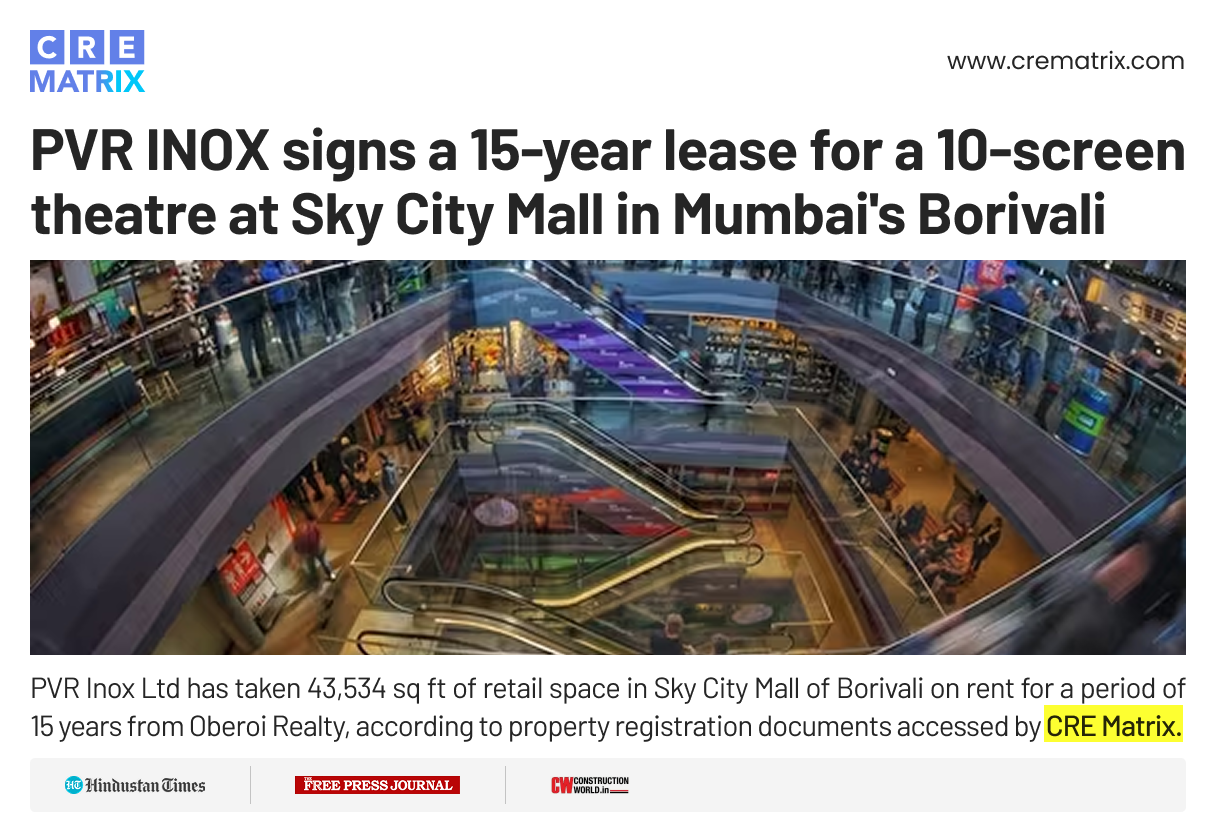 PVR INOX Secures 15-Year Lease for 10-Screen Megaplex at Borivali’s Sky City Mall