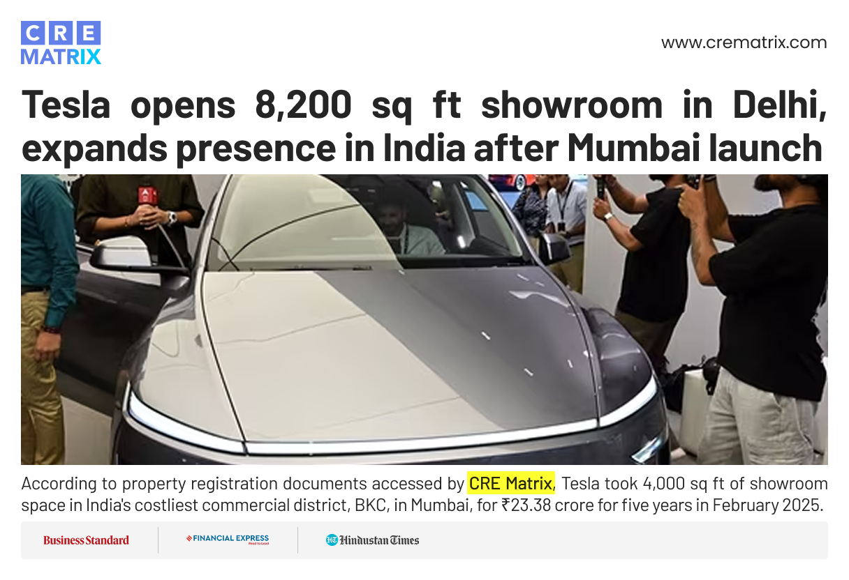Tesla Leases 8,200 Sq Ft Showroom in Delhi’s Aerocity