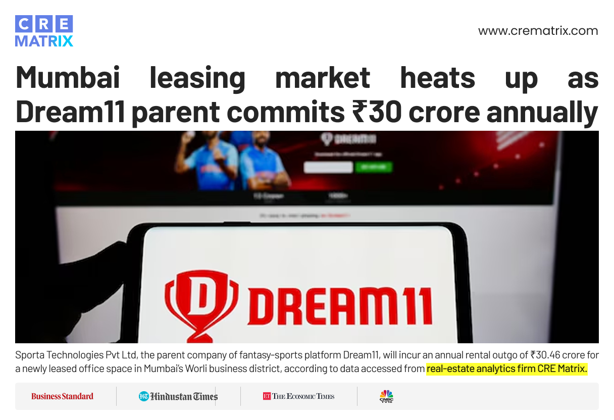 Dream11’s Parent Company Secures 1.70 Lakh Sq Ft Office Lease in Worli for ₹334 Crore