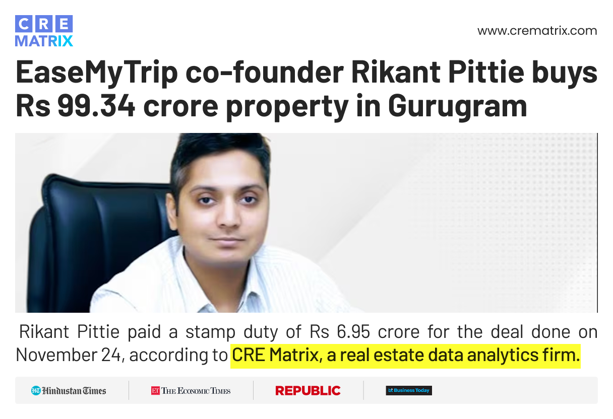 Big Ticket Deal in Gurugram: Rikant Pittie Acquires ₹99.34 Cr Commercial Asset