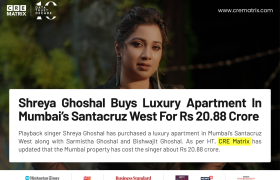 Shreya Ghoshal Buys Luxury Apartment in Santacruz West for ₹20.88 Crore