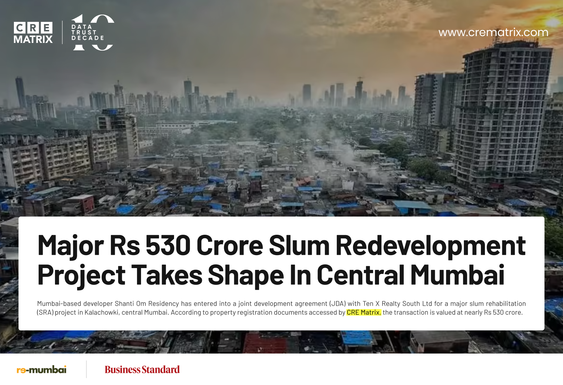 Shanti Om Residency Signs ₹530 Crore JDA for 10.6-Acre SRA Redevelopment Project in Central Mumbai