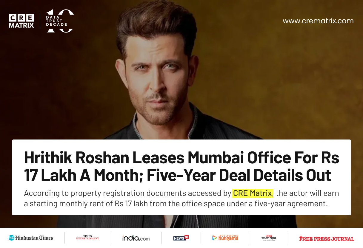 Hrithik Roshan Leases Andheri Office Space for ₹17 Lakh a Month in Five-Year Deal