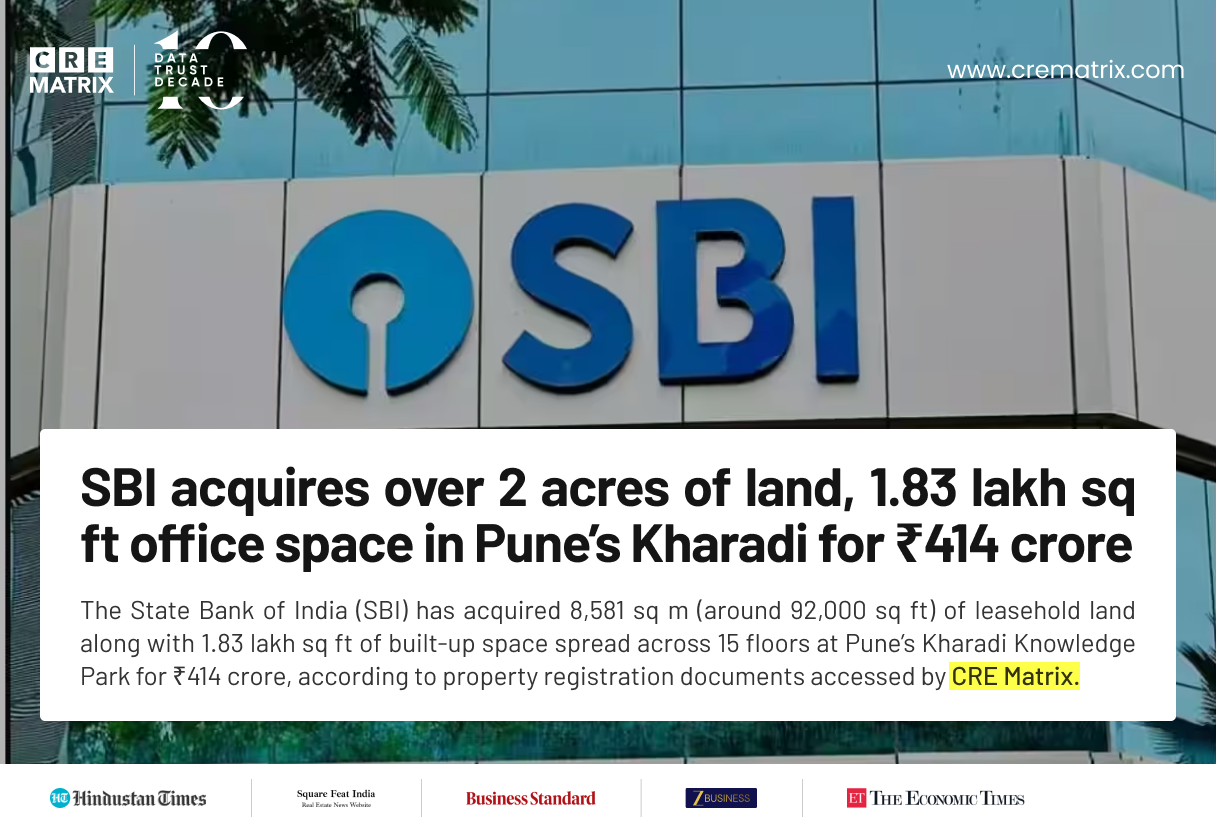 SBI Acquires 1.84 Lakh Sq Ft Building on Leasehold Land in Kharadi for ₹414 Crore