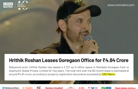 Hrithik Roshan Leases 2,727 Sq Ft Office in Goregaon for ₹4.84 Crore Over Five Years
